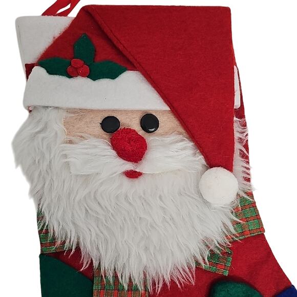 Santa Claus Felt Fluffy Christmas Holiday Stocking 14" x 9" w/7.5" Opening Merry - Picture 2 of 3